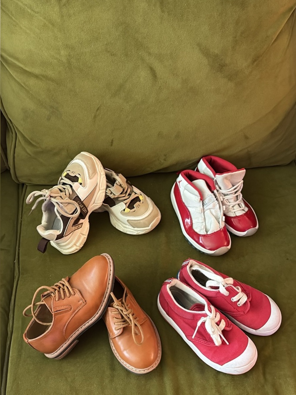 multiple pair of shoes including church shoes, Jordan's, 2 basic pair of sneaker